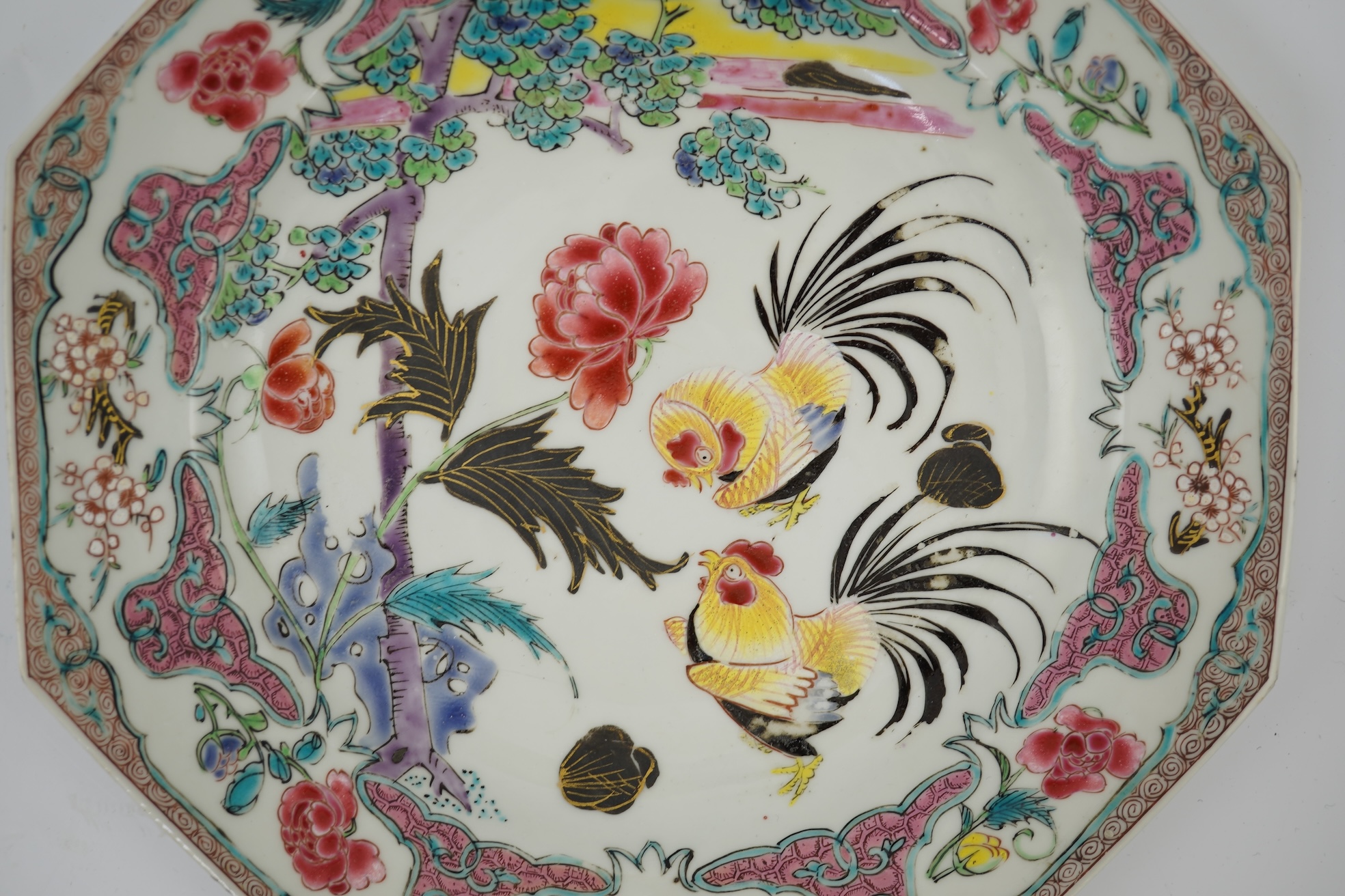A Chinese famille rose ‘cockerel’ octagonal plate, Yongzheng period